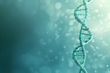 Ethereal aqua DNA strands in a misty blue backdrop, symbolizing the mysterious nature of genetic coding and its applications in medicine