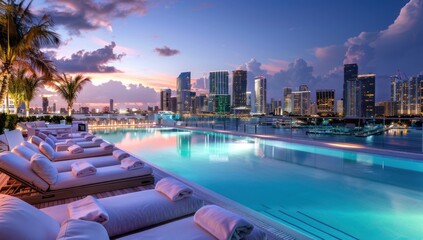 A stunning outdoor terrace with loungers overlooking the Miami skyline