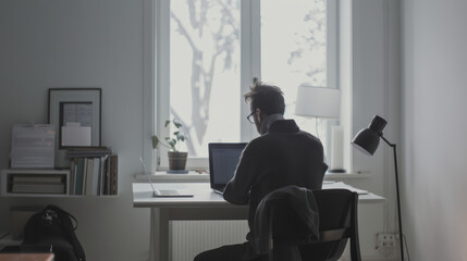 Sticker - Focused individual working at a minimalist desk setup beside a sunlit window.