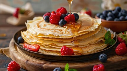 Wall Mural - Maslenitsa celebration in Eastern Europe Making crepe pancakes with honey and fresh berries