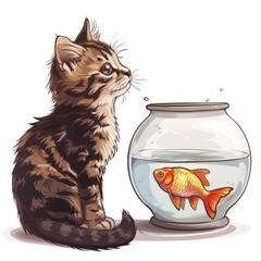 Wall Mural - A cartoon cat is sitting in a fishbowl next to a goldfish