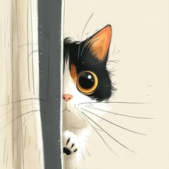 Wall Mural - A cat is peeking out from behind a curtain