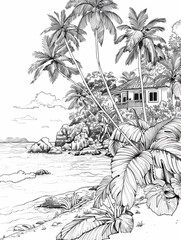 Wall Mural - Coloring pages of tropical beach at summer