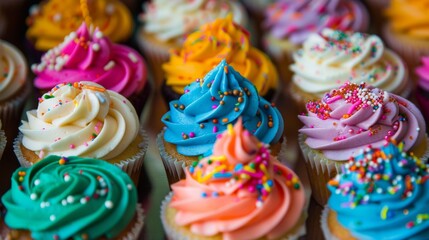 Poster - A colorful assortment of freshly baked cupcakes, topped with buttercream frosting and sprinkles, perfect for a birthday celebration.