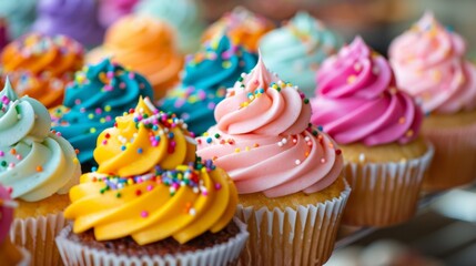 Poster - A colorful assortment of freshly baked cupcakes, topped with buttercream frosting and sprinkles, perfect for a birthday celebration.