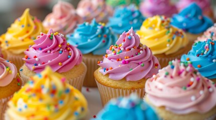 Poster - A colorful assortment of freshly baked cupcakes, topped with buttercream frosting and sprinkles, perfect for a birthday celebration.