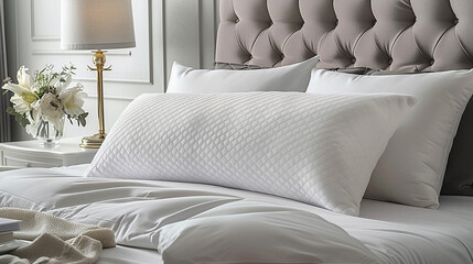 Canvas Print - Close-up of a white pillow on a bed in a hotel room