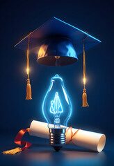 Graduation cap on a glowing light bulb, symbolizing the fusion of education and innovation for bright futures