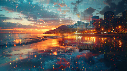 Aufkleber - double exposure image of a calm beach at sunset overlaid with a bustling night city, reflecting the 