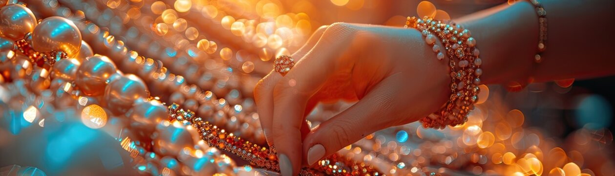 Close-up of a woman's hand picking jewelry, elegant display background, high detail, warm lighting, realistic style