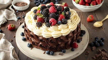 Poster - A decadent chocolate cake adorned with swirls of creamy frosting and topped with fresh berries, a tempting treat for any occasion.