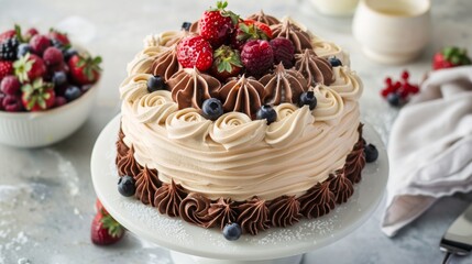 Poster - A decadent chocolate cake adorned with swirls of creamy frosting and topped with fresh berries, a tempting treat for any occasion.