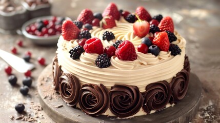 Poster - A decadent chocolate cake adorned with swirls of creamy frosting and topped with fresh berries, a tempting treat for any occasion.