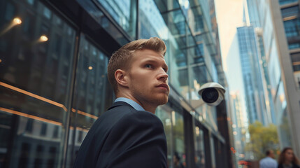 Wall Mural - A young businessman in a suit looks at a building with a city street in the background