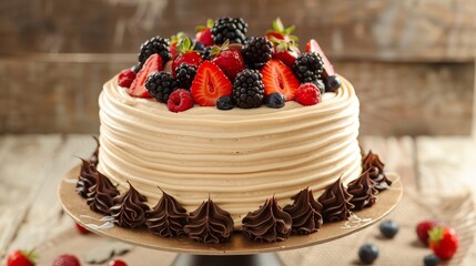 Poster - A decadent chocolate cake adorned with swirls of creamy frosting and topped with fresh berries, a tempting treat for any occasion.