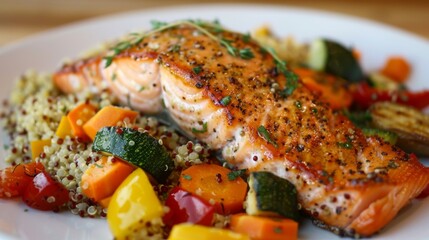 Wall Mural - A delicious and healthy meal of grilled salmon fillets served with roasted vegetables and quinoa, creating a balanced and nutritious dish.