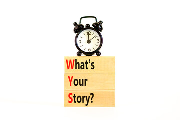 Fototapete - Storytelling and what is your story symbol. Concept words What is your story on beautiful wooden blocks. Beautiful white background. Business storytelling what is your story concept. Copy space