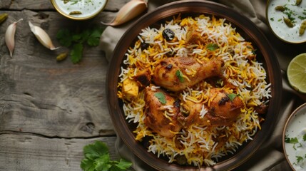 Wall Mural - A delicious plate of chicken biryani, layered with fragrant basmati rice, tender marinated chicken, and aromatic spices, served with raita on the side.