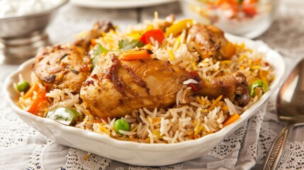 Wall Mural - A delicious plate of chicken biryani, layered with fragrant basmati rice, tender marinated chicken, and aromatic spices, served with raita on the side.