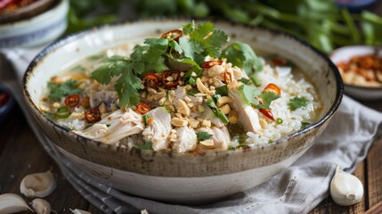 Wall Mural - A delightful bowl of Khao Tom, Thai rice soup with tender chicken, ginger, garlic, and cilantro, served with crispy fried shallots on top.