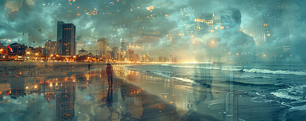 Aufkleber - double exposure of an urban night scene overlapping with a calm beach, illustrating the duality of m