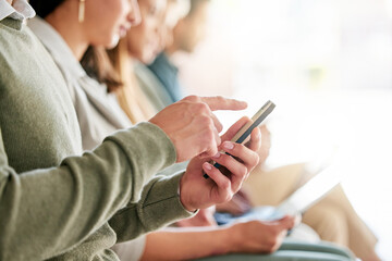 Poster - Hands, scroll and cellphone for company research in office for interview and business opportunity. People, technology and onboarding in waiting room for career, job and hiring in workplace or agency