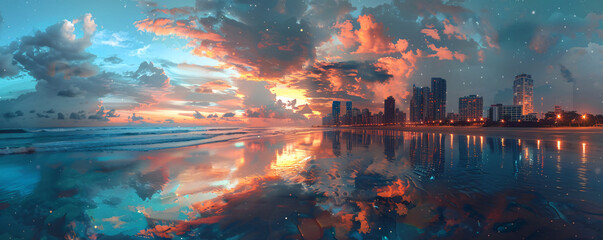 Poster - Double exposure of a peaceful beach at sunset combined with the dynamic skyline of a city at night, representing the balance between relaxation and activity.