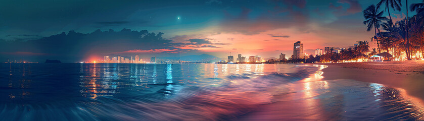 Aufkleber - a serene beach scene combined with a bustling night city in a double exposure, illustrating the cont