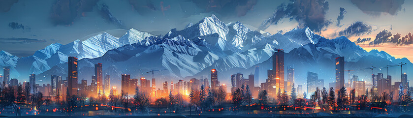 Aufkleber - double exposure of a mountain landscape blending into the illuminated skyline of a city, capturing t