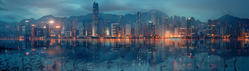Aufkleber - double exposure of a mountain landscape blending into the illuminated skyline of a city, capturing t