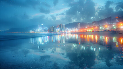 Aufkleber - double exposure of a tranquil beach at dawn intertwined with the lights of a bustling night city, cr