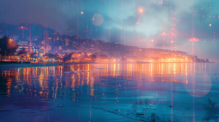 Poster - Double exposure of a tranquil beach at dawn intertwined with the lights of a bustling night city, creating a harmonious blend of serenity and energy.