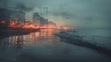 Aufkleber - double exposure of a tranquil beach at dawn intertwined with the lights of a bustling night city, cr