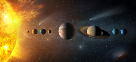 Wall Mural - sun, mercury, venus, planet earth, mars, jupiter, saturn, uranus, neptune. , galaxies, stars, comet,
