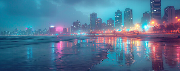 Poster - double exposure of a night city skyline blending into a calm beach, illustrating the juxtaposition o