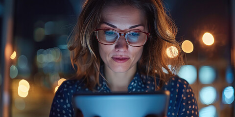 Portrait of Woman working on digital strategy using tablet in office at night. Digital strategy concept, tablet