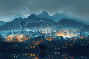 Aufkleber - double exposure of a mountain range overlapping with the illuminated skyline of a city at night, sym