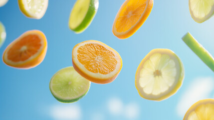 Wall Mural - there are many slices of oranges and limes flying in the air
