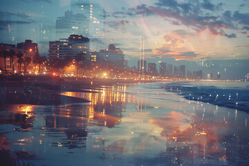 Poster - a serene beach scene combined with a bustling night city in a double exposure, showcasing the contra