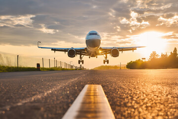 Passenger plane at sunset. Airliner coming in to land at sunset on the runway.