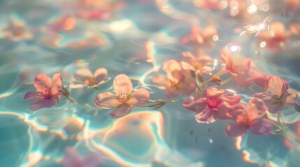 beautiful bright flowers floating on rippling river current. sun reflection causes rainbows on the water