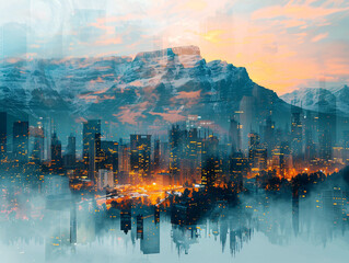 Poster - double exposure of a mountain landscape blending into the illuminated skyline of a city at night, ca