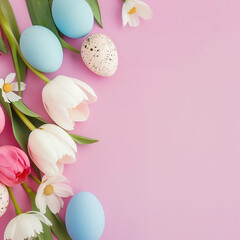 Poster - there are many different colored eggs and flowers on a pink surface