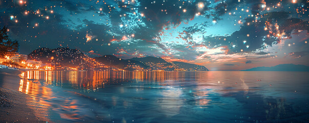 Aufkleber - double exposure of a tranquil beach at dawn intertwined with the lights of a bustling night city, cr