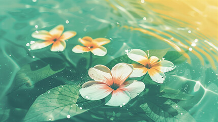 Wall Mural - beautiful bright flowers floating on rippling river current. sun reflection causes rainbows on the water