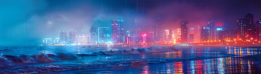 Wall Mural - The waves of a beach merge with the vibrant lights of a night city in a double exposure, capturing the essence of tranquility and urban vibrancy.