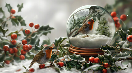 Poster - there are two birds sitting on a plate with holly berries