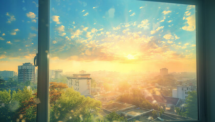 Wall Mural - araffe view of a city from a window with a sunset