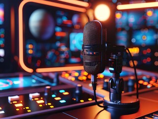 microphone set on a space station with stars, planets, and futuristic controls in the background