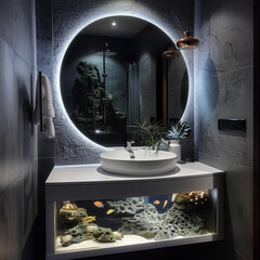 Wall Mural - there is a fish tank in the bathroom with a sink and mirror